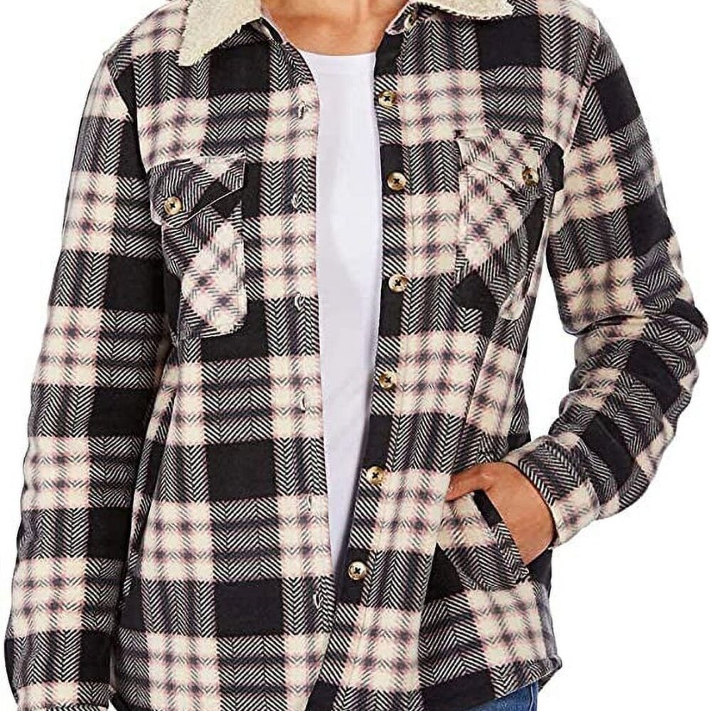 Soho Threads Women's Sherpa Lined Shirt Jacket (Black-Wood Rose, Medium)